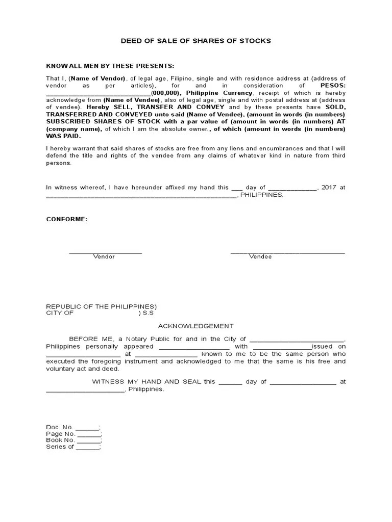 Sale of Company Shares Deed of Sale Document Conveying Ownership of