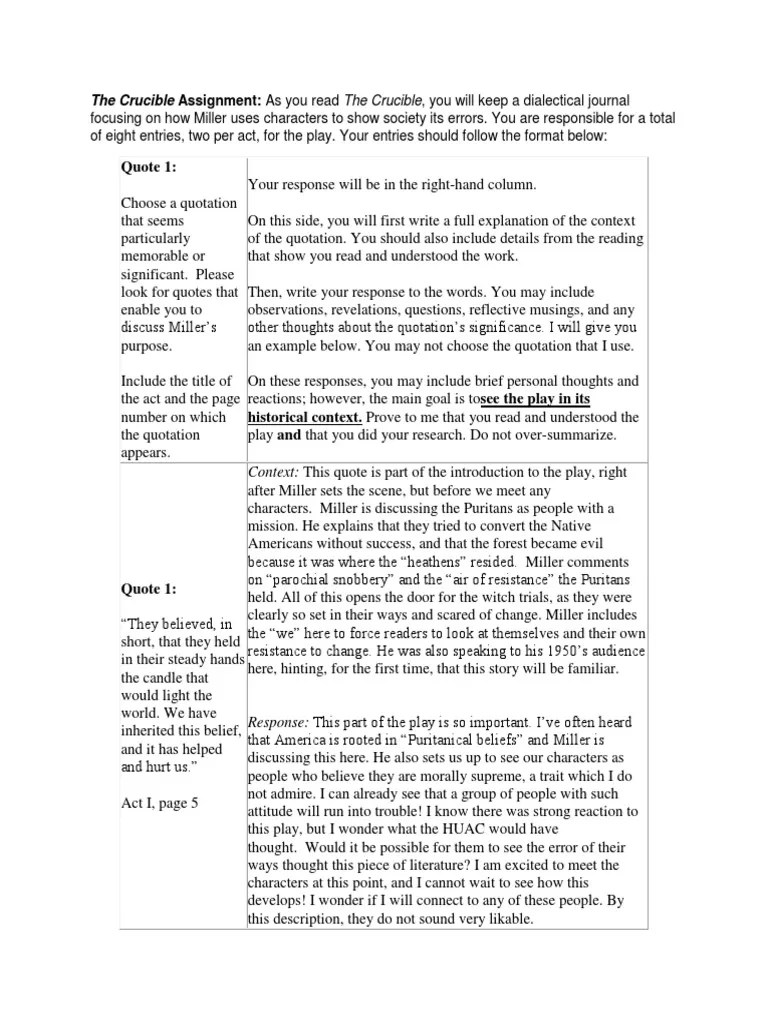 The Crucible Dialectical Journal Assignment and Template 2