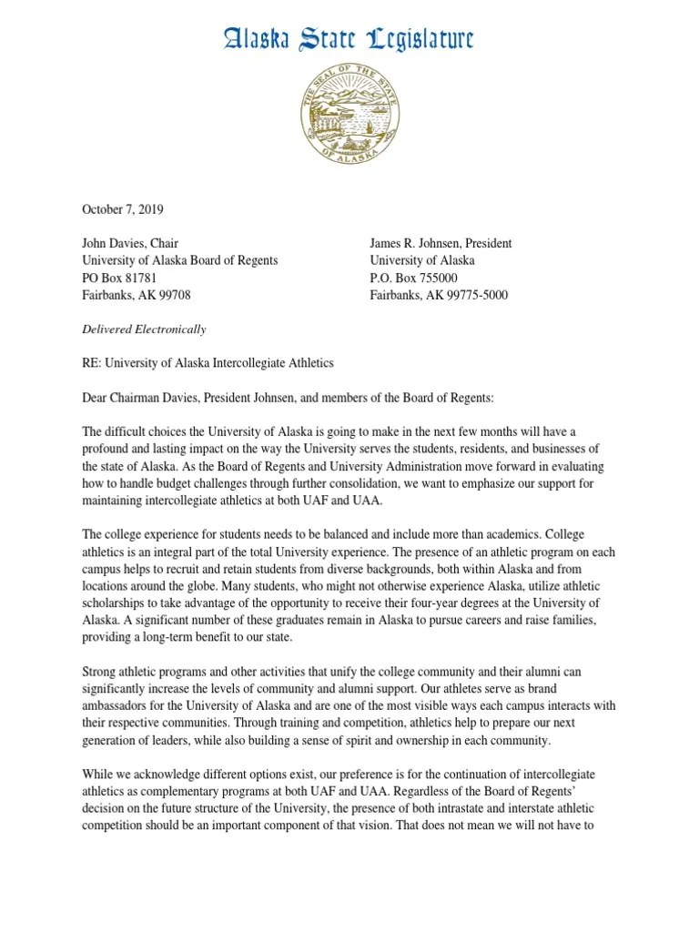 Letter to UA Board of Regents Regarding UA Intercollegiate Athletics