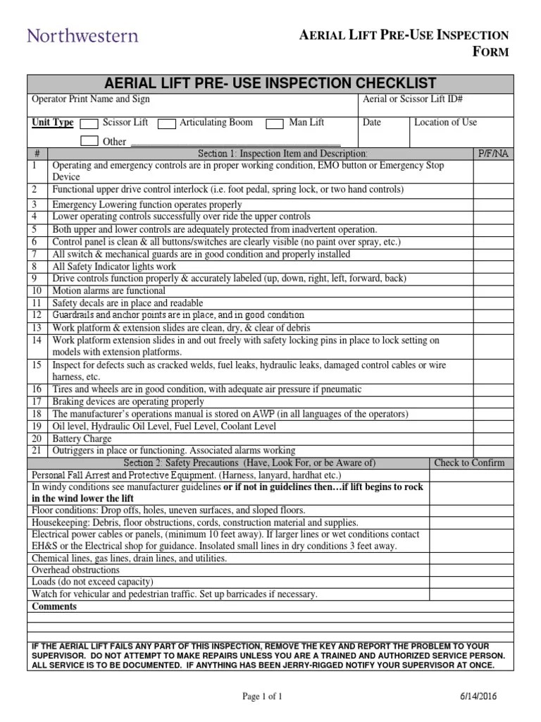 A L P U I F Aerial Lift PreUse Inspection Checklist Other Elevator
