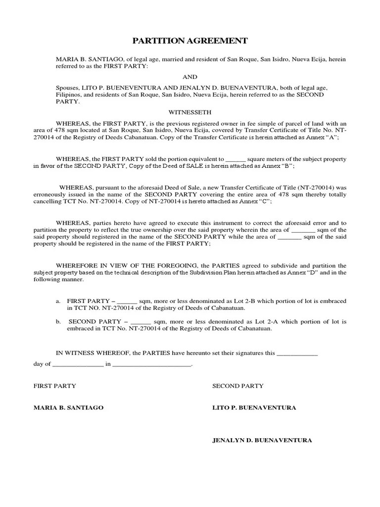 Partition Agreement Maria B. Santiago Lito P. Buenaventura PDF Civil Law (Legal System