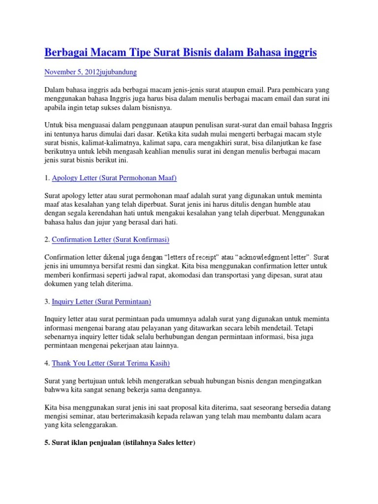 Berbagai Macam Tipe Surat Bisnis Dalam Bahasa | PDF