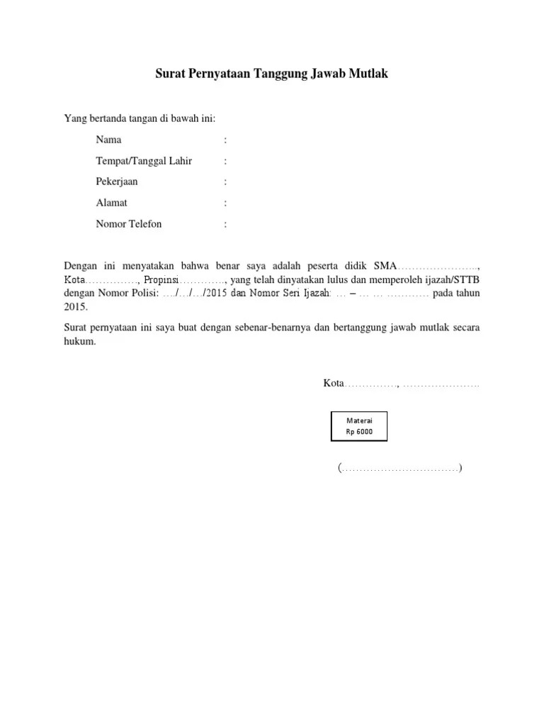 Surat Pernyataan Tanggung Jawab Mutlak Ijazah Sma Hilang