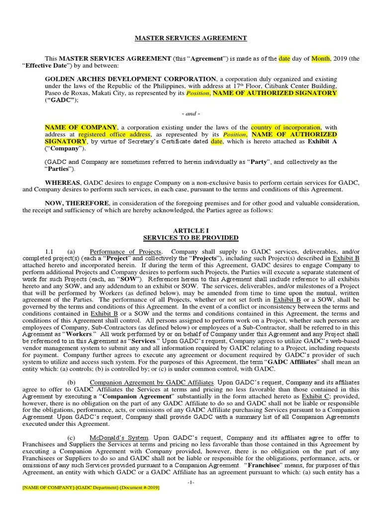 MSA Template 2019 (For Reference Only To Be Used in Response