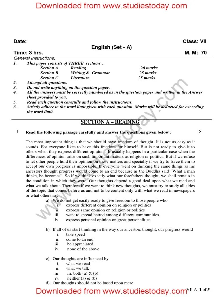 CBSE Class 7 English Question Paper Set A PDF Question