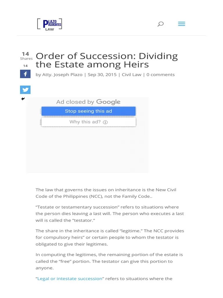 Order of Succession Dividing The Estate Among Heirs Ei Incumbit Probatio Qui Dicit PDF