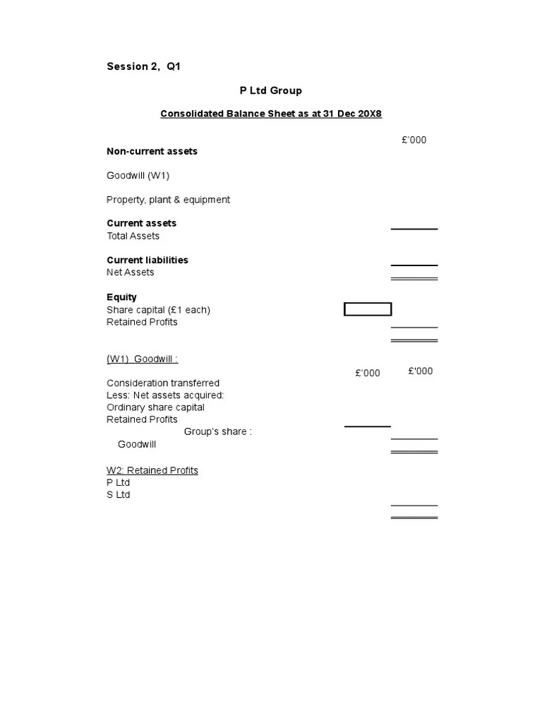 Session 2, Q1 P LTD Group Consolidated Balance Sheet As at 31 Dec 20X8 PDF Goodwill