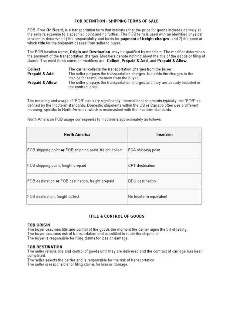 FOB Definition and Shipping Terms of Sale Services (Economics
