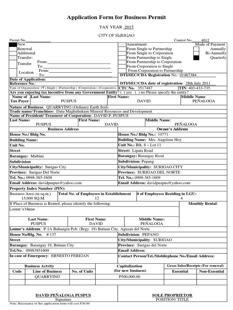 Application Form For Business Permit PDF Government Information