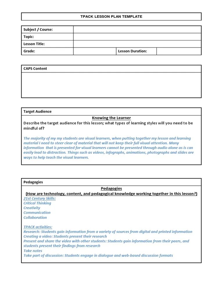 TPACK Lesson Plan Template PDF