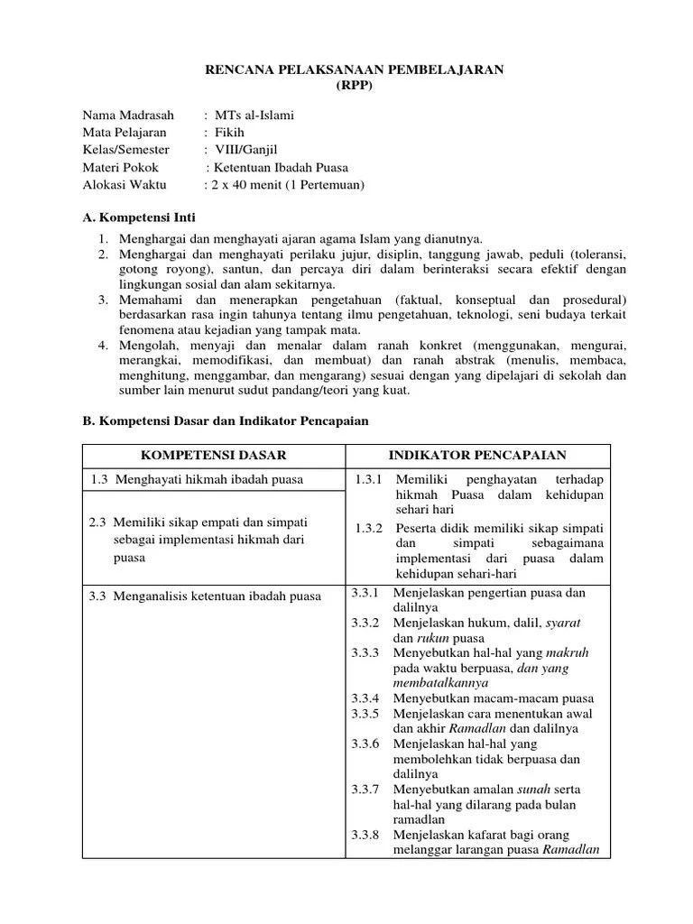 RPP 2.1 Ibadah Puasa Kelas 8 | PDF