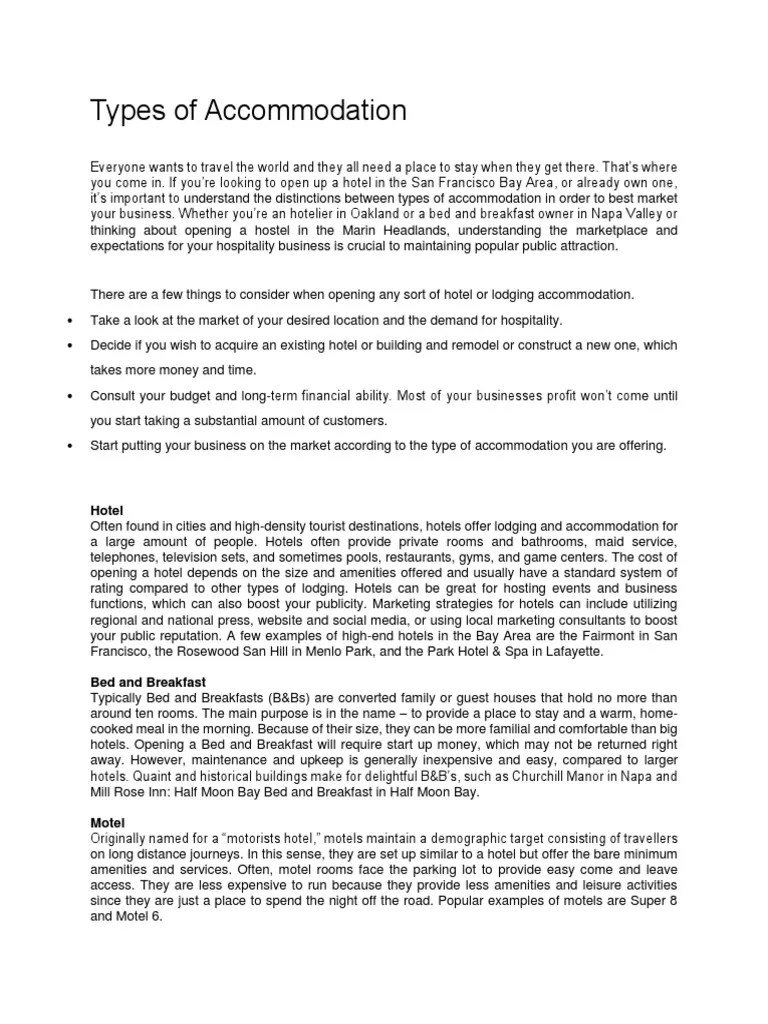 Types of PDF Bed And Breakfast Hotel