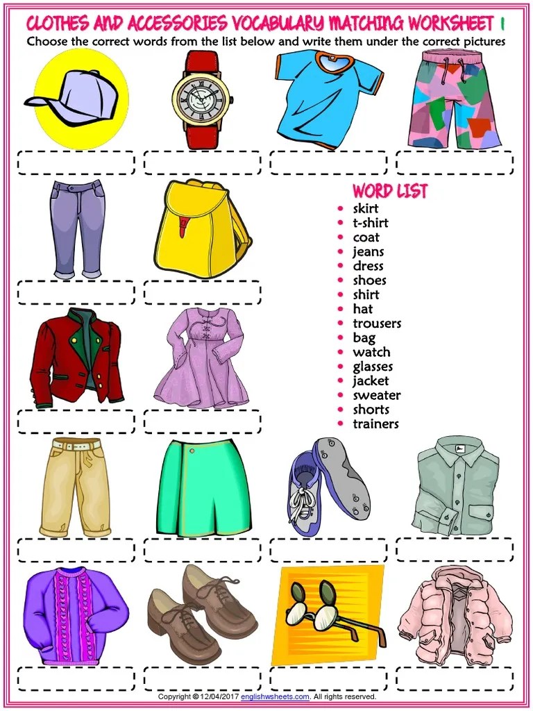 Clothes and Accessories Vocabulary Esl Matching Exercise Worksheets for