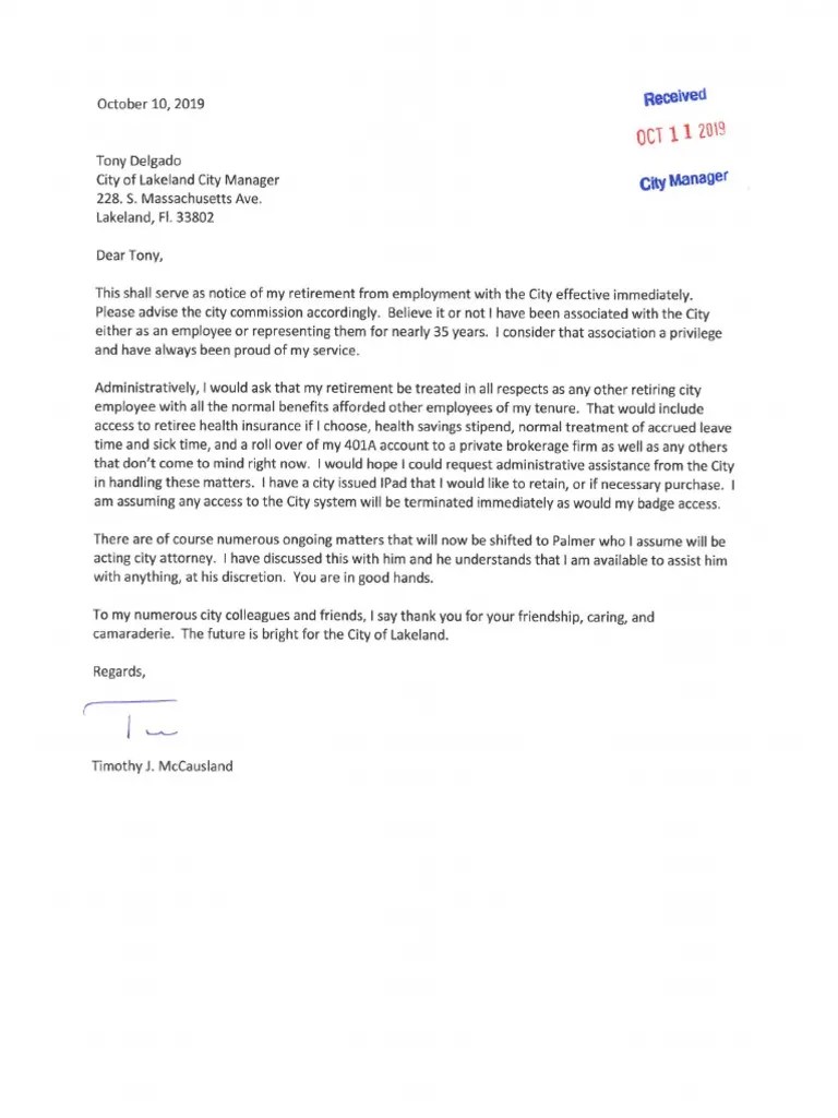 Lakeland City Attorney Timothy McCausland Retirement Letter