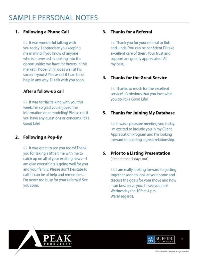Sample Personal Notes 1. Following A Phone Call 3. Thanks For A