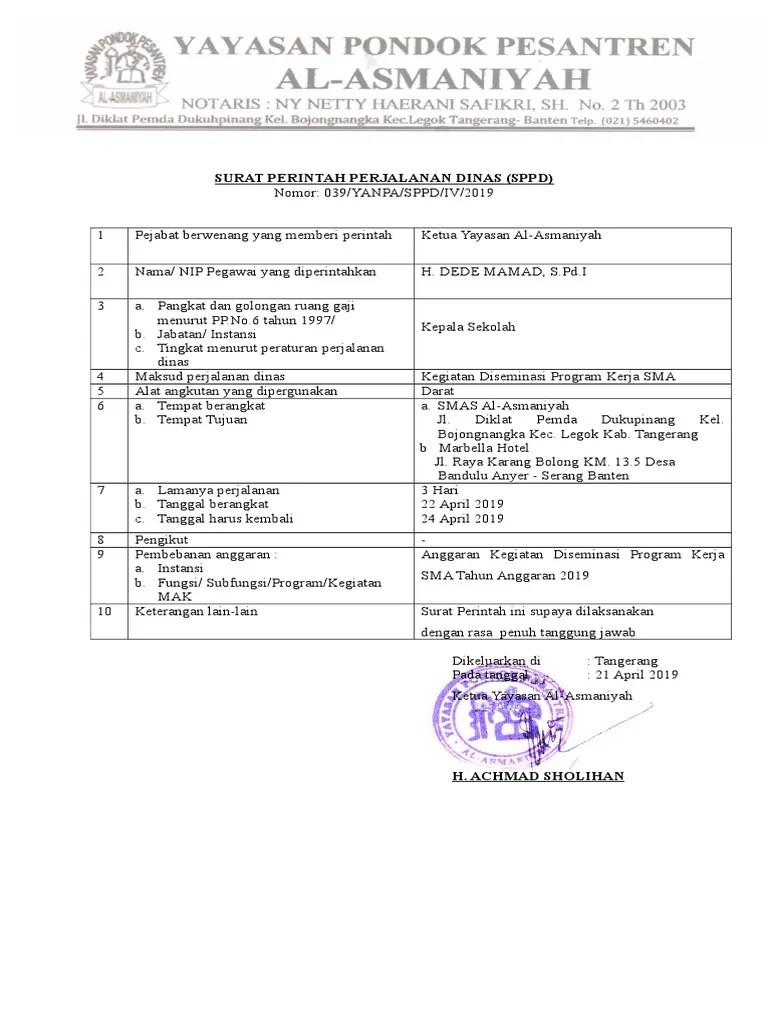 Contoh SPPD Sekolah Swasta Terbaru Doc ASMANIYAH | PDF