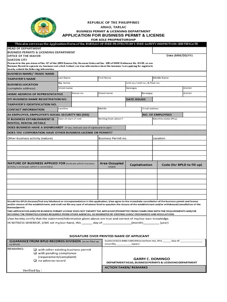 Application For Business Permit and License For Single Proprietorship PDF