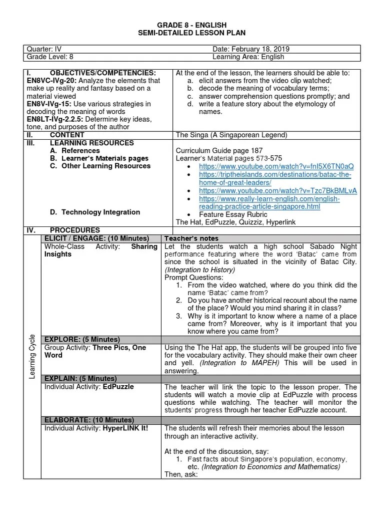 5Es Semi Detailed Lesson Plan in English Singapore World Politics