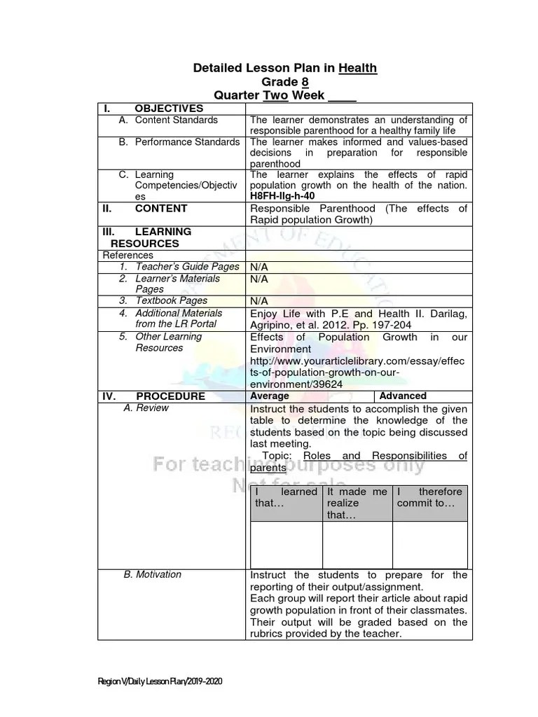 Detailed Lesson Plan in Health Grade 8 Quarter Two Week | PDF