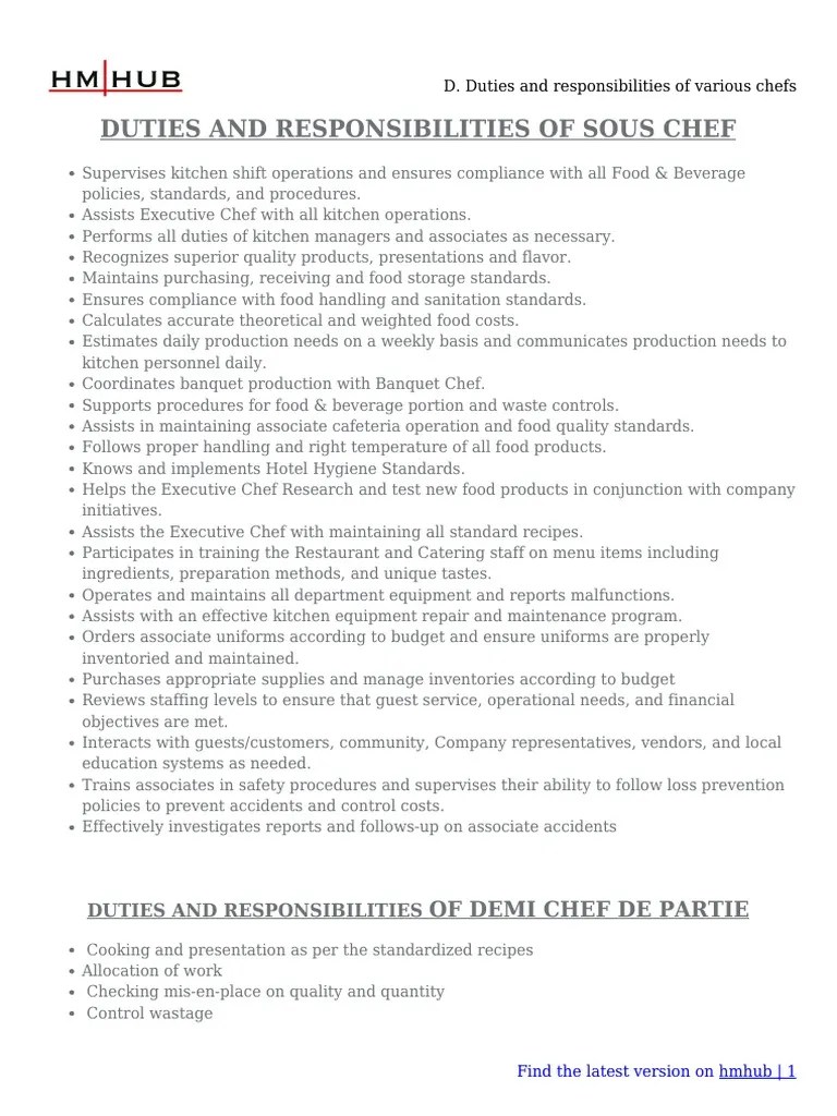 D. Duties and Responsibilities of Various Chefs PDF Chef Entrée