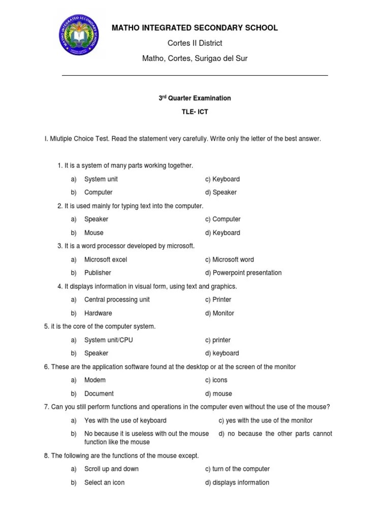 3rd Quarter Examination Tle Ict Grade 7 PDF Computer Keyboard