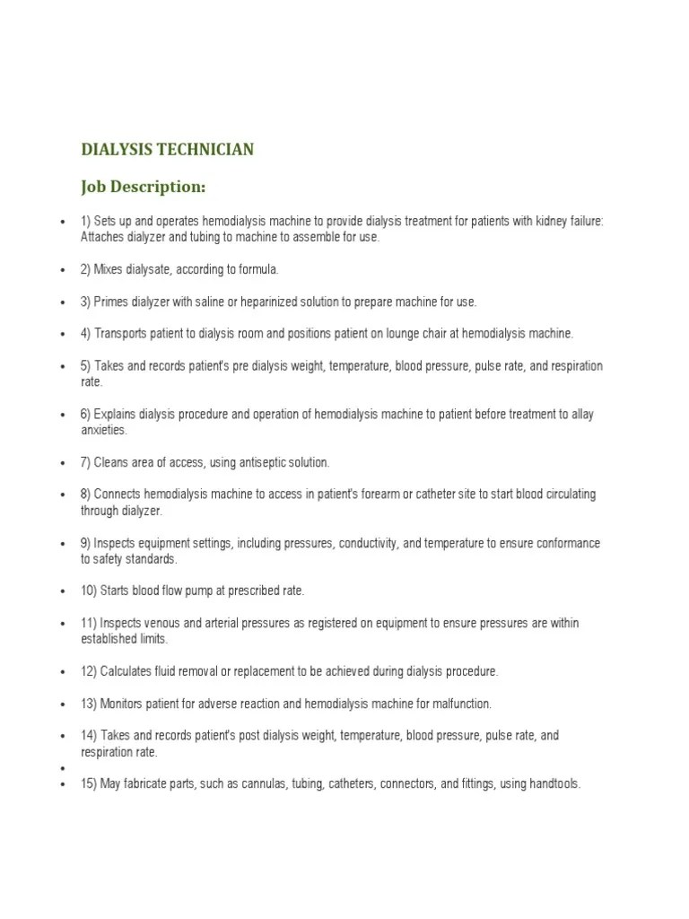 Dialysis Technician Job Description PDF Hemodialysis Dialysis