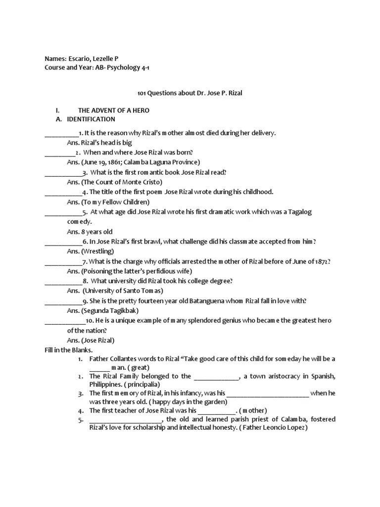 Questions About RIzal Q&A PDF Philippines