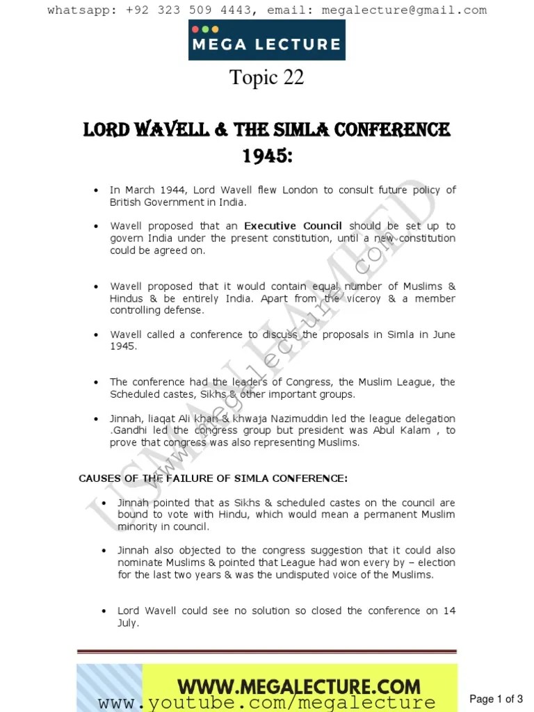 Lord Wavell The Simla Conference 1945 PDF Partition Of India