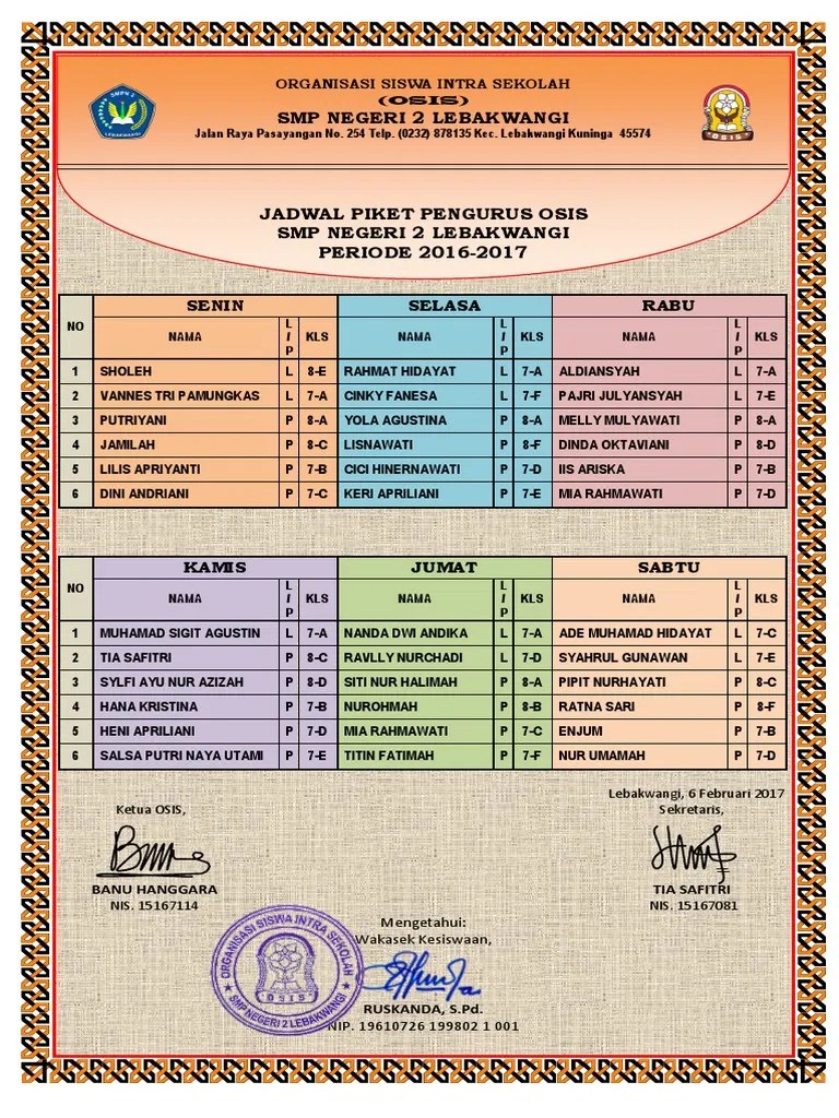 Jadwal Piket OSIS | PDF