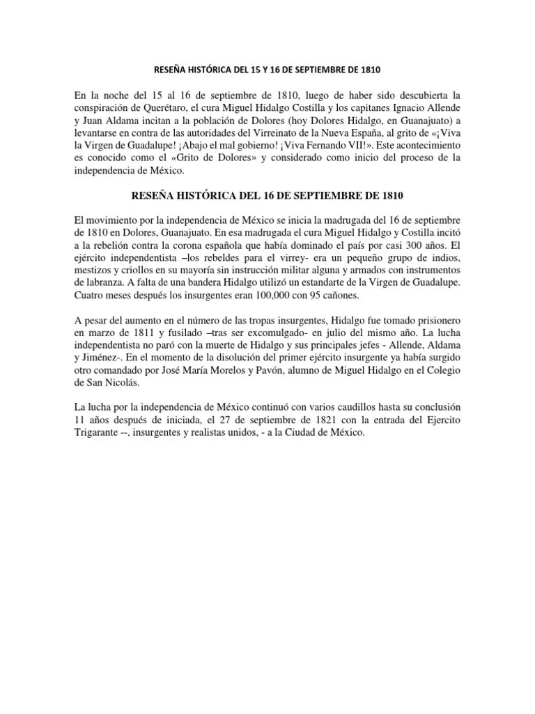 ReseÃ±a HistÃ³rica Del 15 Y 16 De Septiembre De 1810 MÃ©xico colonial