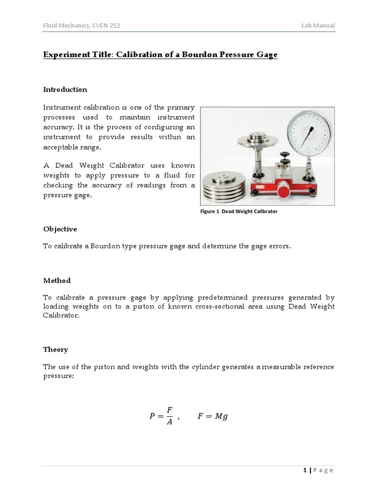 Experiment Title Calibration of a Bourdon Pressure Gage Weight Pressure Measurement