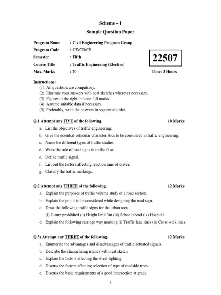 22507 Traffic Engineering (Elective) Sample Question Paper[Msbte Study