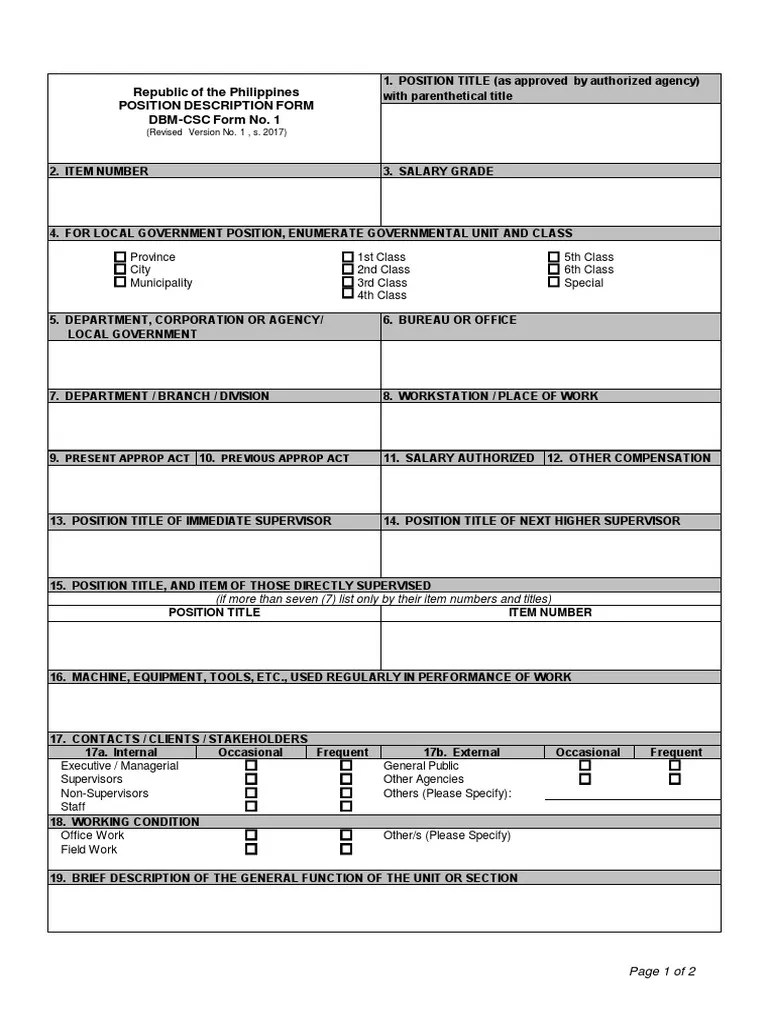 DBM CSC Form No. 1 Position Description Form PDF Government Business