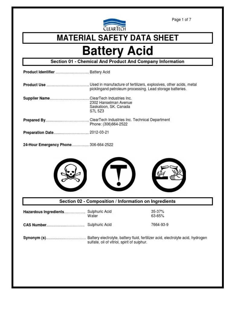 Battery Acid Material Safety Data Sheet PDF Sulfuric Acid Materials