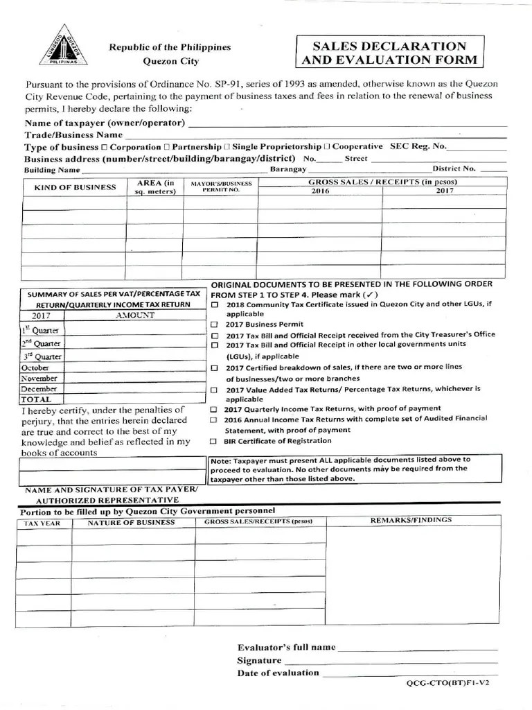 Sales Declaration Form Quezon City 2024 Betsy Collette