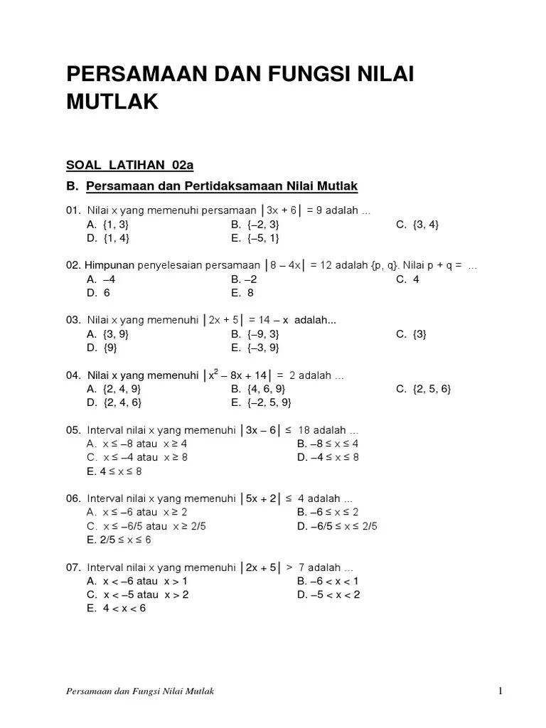 01-Latihan Persmaan Nilai Mutlak PDF | PDF