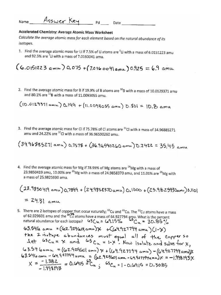 Calculating Average Atomic Mass Worksheet