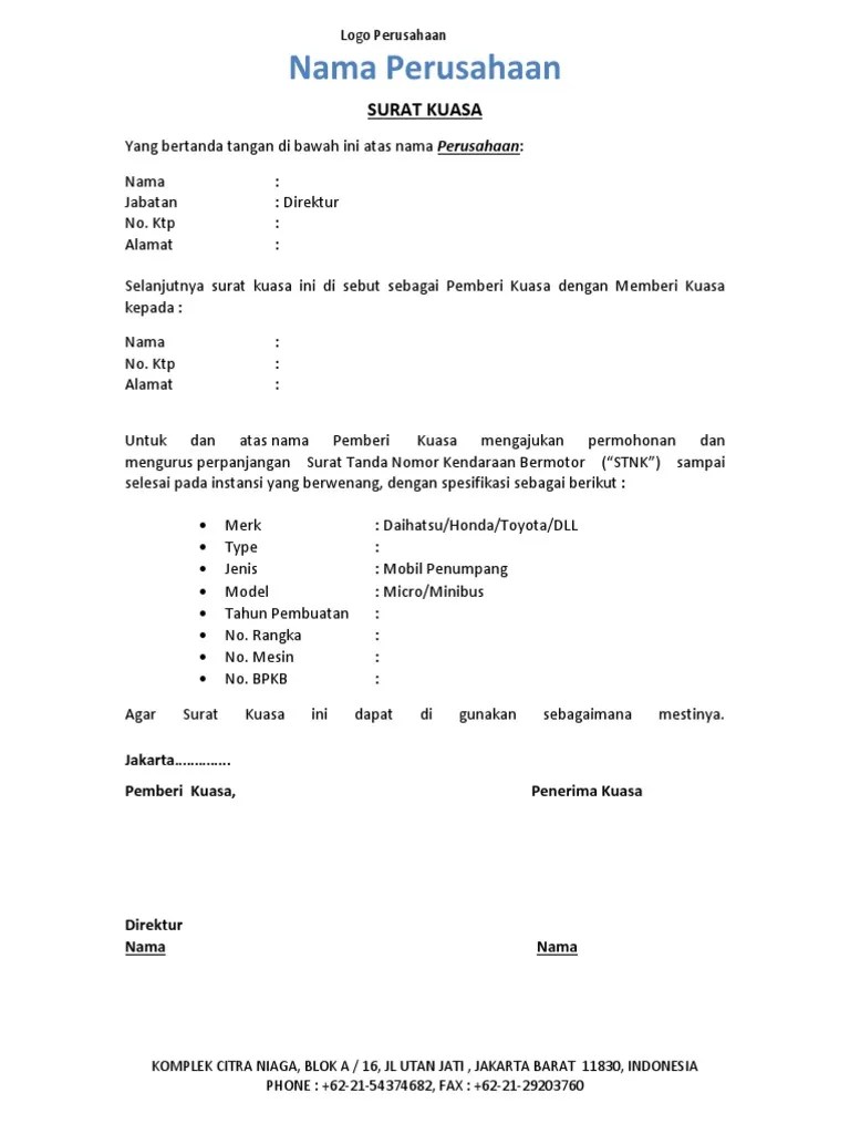 Contoh Surat Kuasa Perpanjang STNK Mobil Perusahaan