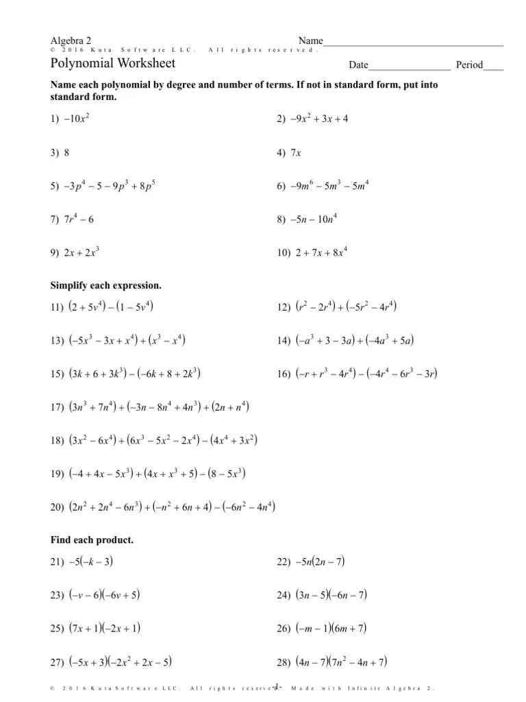 Polynomial Worksheet | Algebra | Abstract Algebra