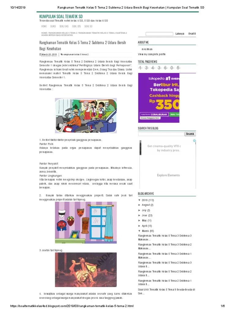 Rangkuman Tematik Kelas 5 Tema 2 Subtema 2 Udara Bersih Bagi Kesehatan -  Kumpulan Soal Tematik SD | PDF