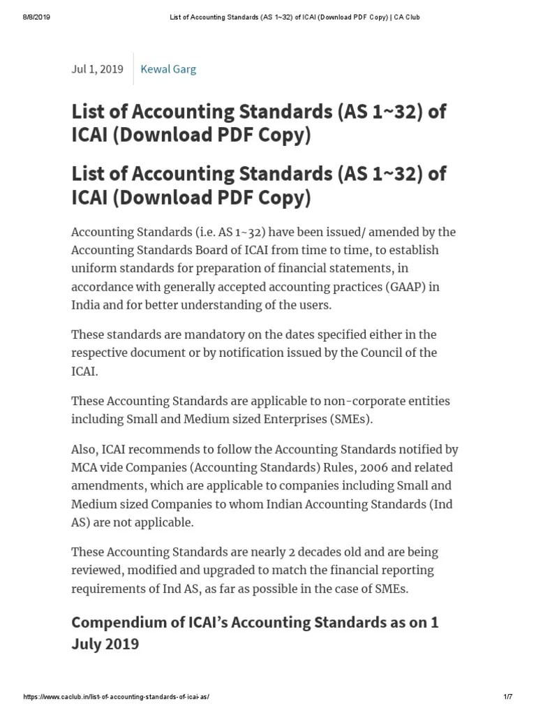 List of Accounting Standards (As 1 32) of ICAI (Download