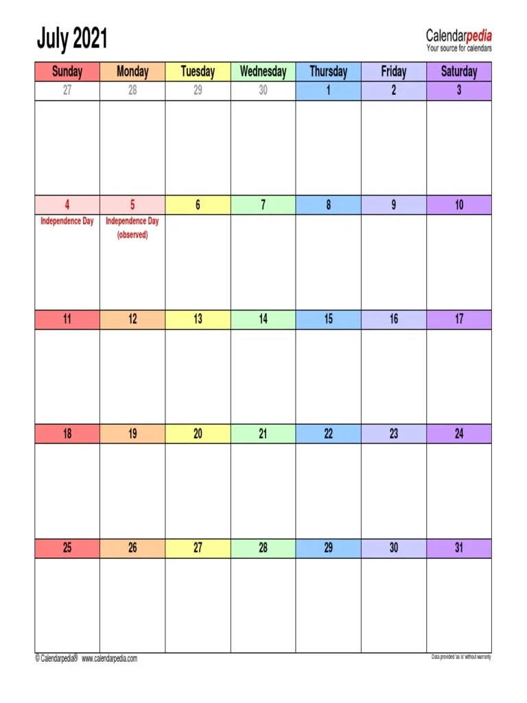 July 2021 Calendar with Holidays PDF