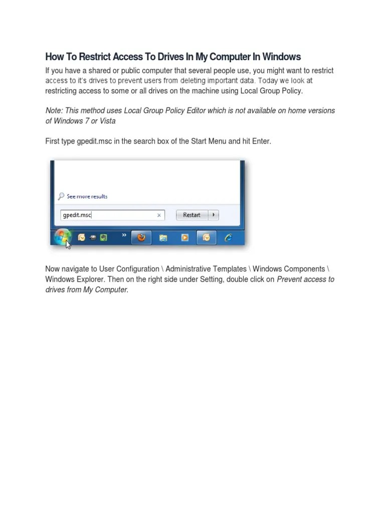 How To Restrict Access To Drives in My Computer in Windows of Windows