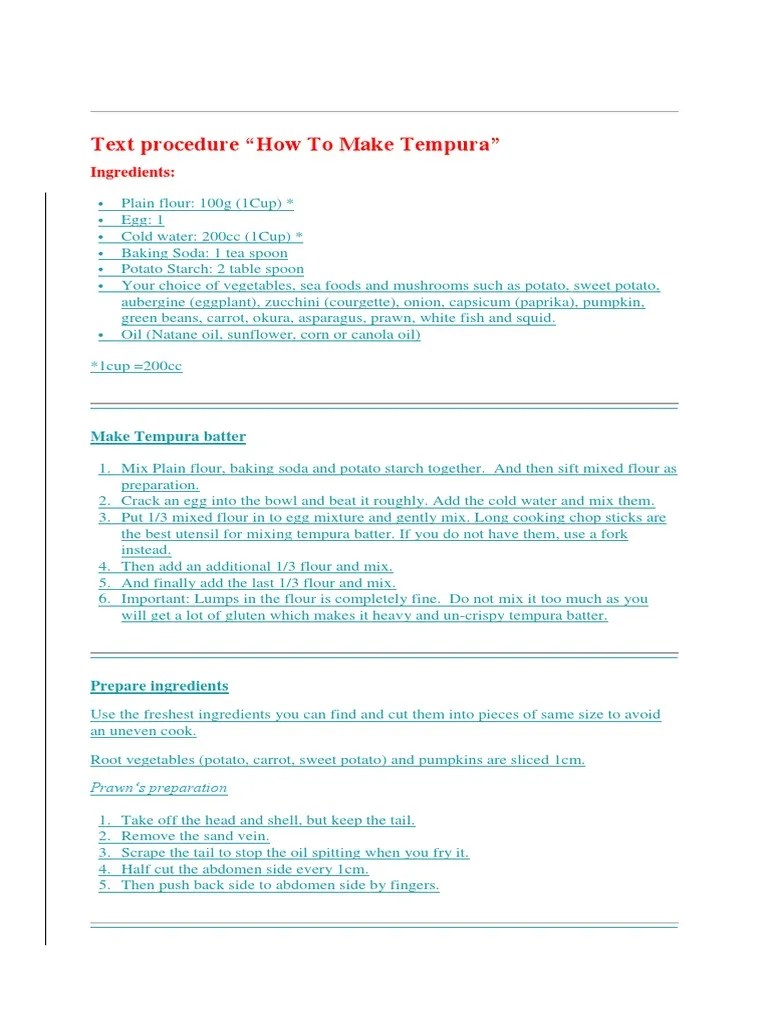 Text Procedure "How To Make Tempura" Ingredients PDF