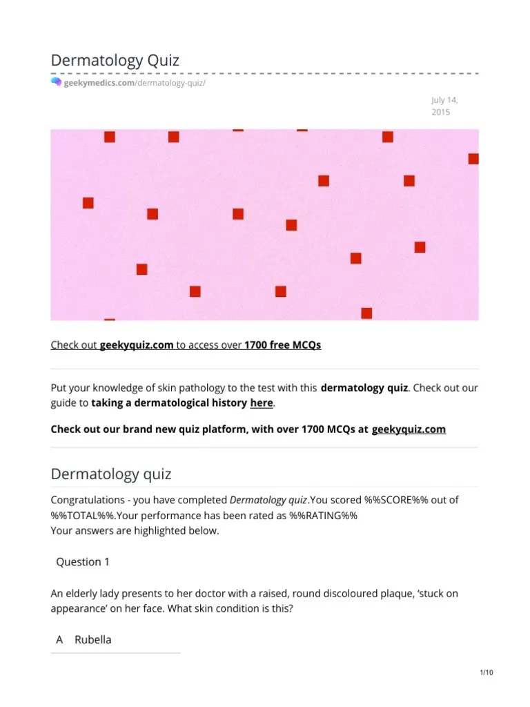Dermatology Quiz PDF Melanoma Dermatology