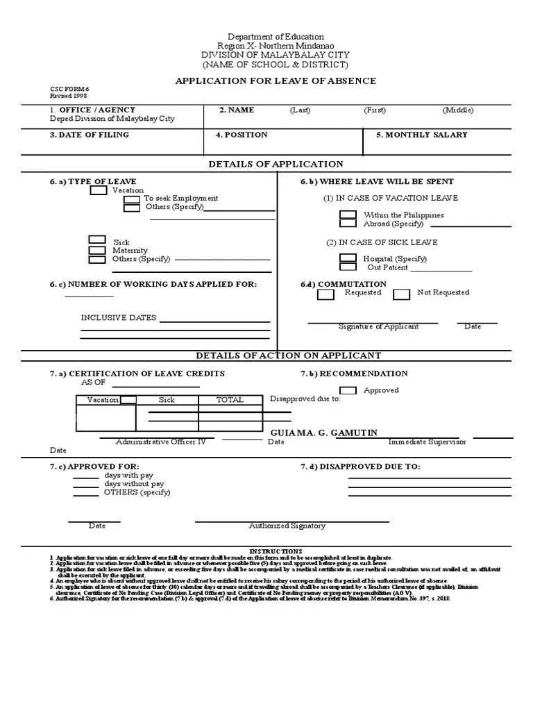 Application for Leave of Absence Csc Form 6 Revised 1998 Sick Leave