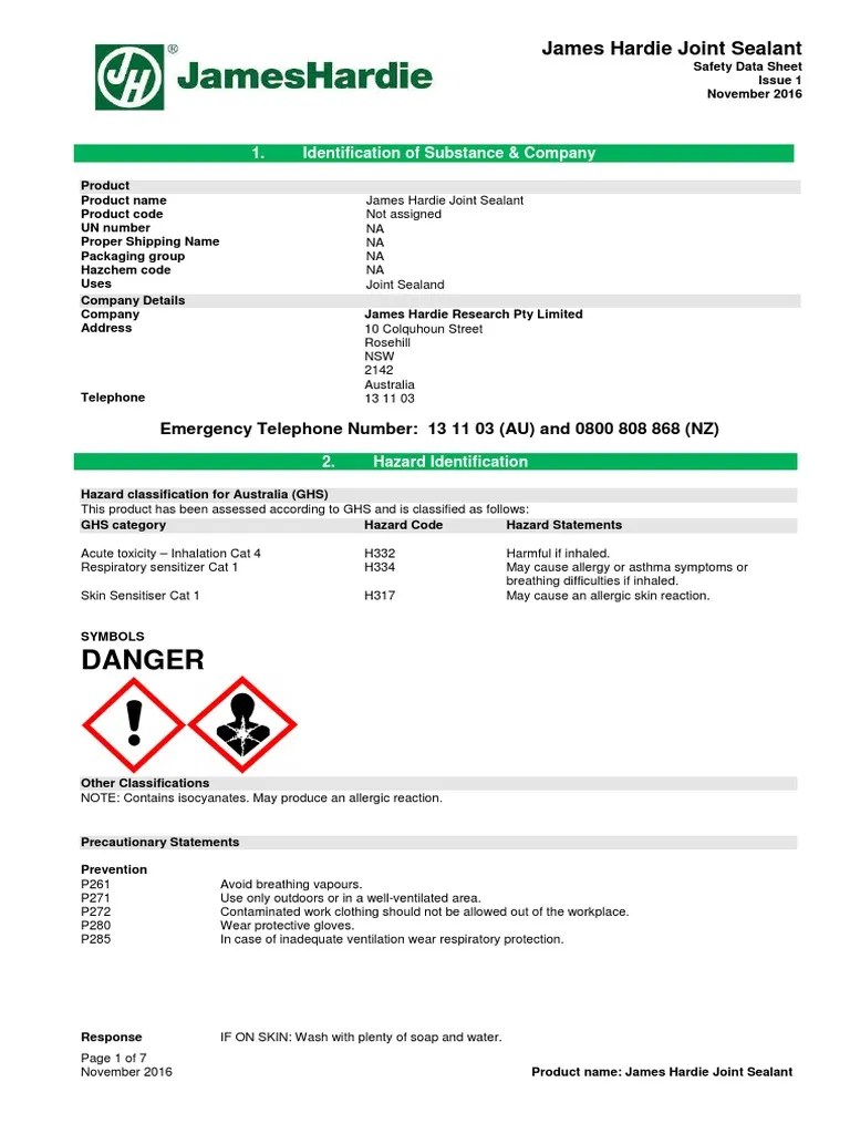 Danger James Hardie Joint Sealant PDF Toxicity Personal