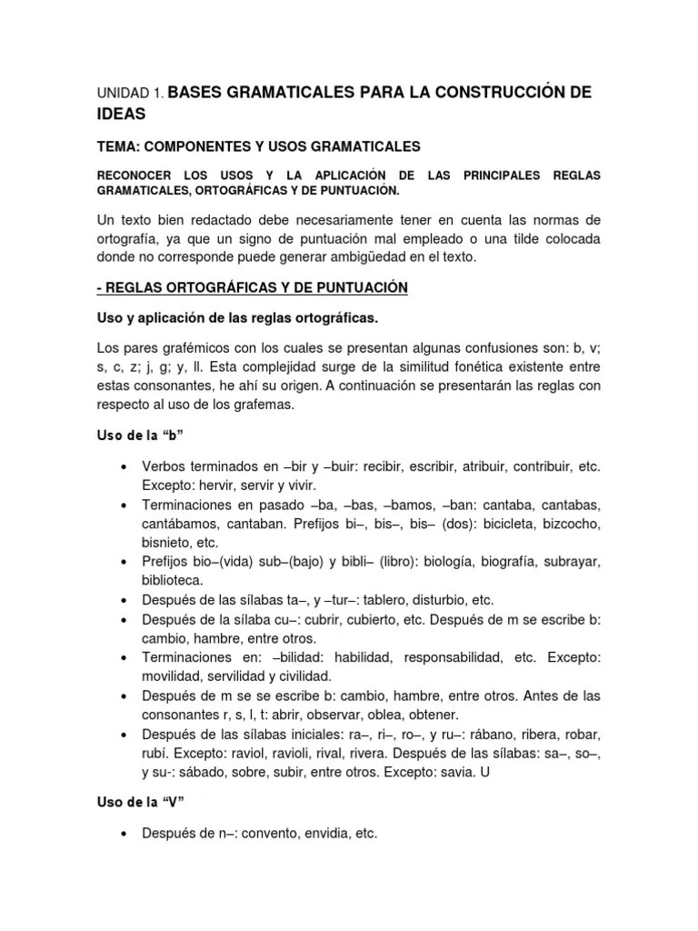 Bases Gramaticales Para La Construcción De Ideas Tema Componentes Y