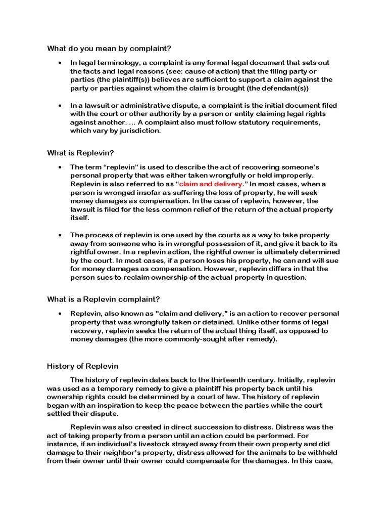 What Do You Mean by Complaint? Claim and Delivery PDF Repossession