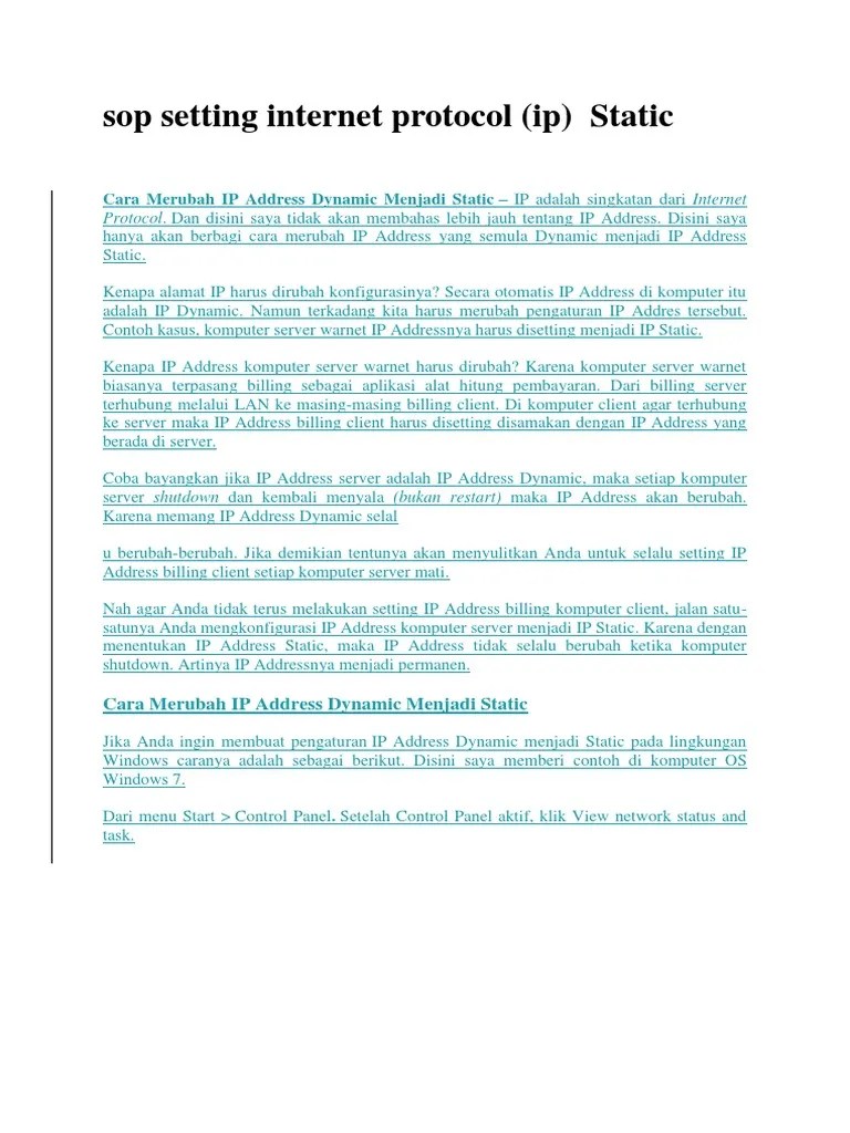 Sop Setting Internet Protocol Static | PDF